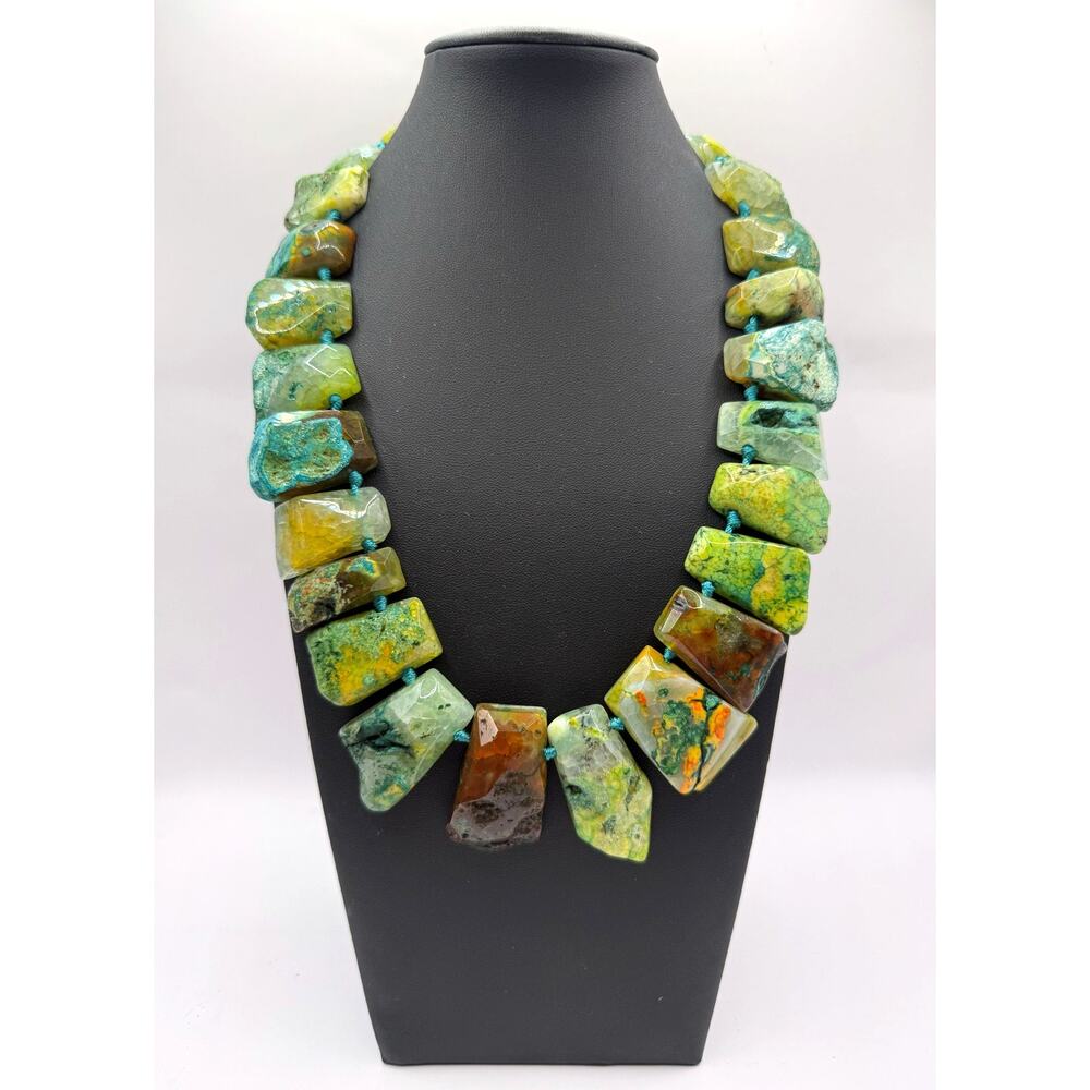 Green Fire Agate & 925 Sterling Silver Statement Necklace